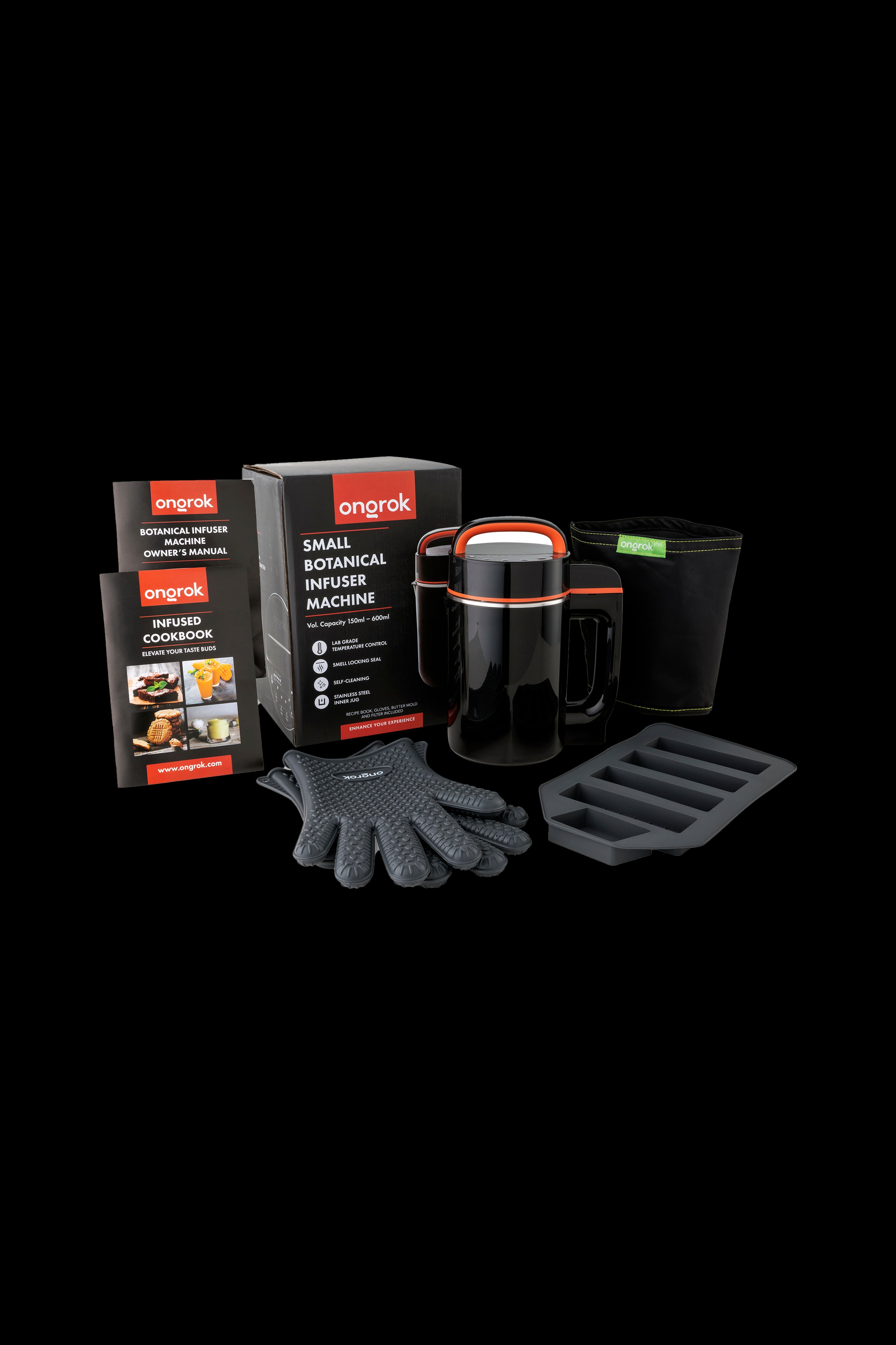 Onrok botanical infuser machine with accessories including gloves, strainer, and cookbook, displayed on a dark background.