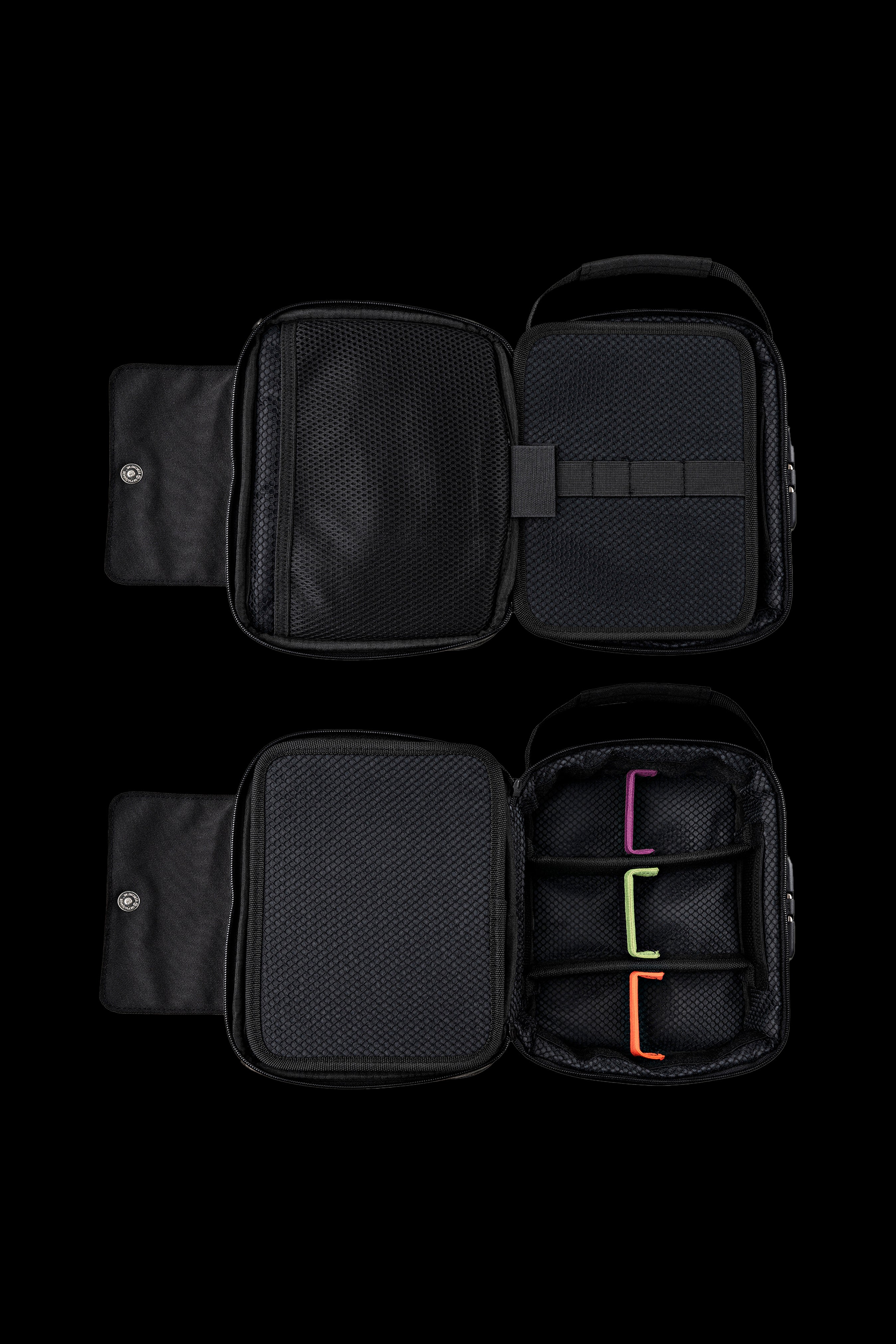 Black, padded cannabis accessory case with customizable interior compartments, shown both closed and open.