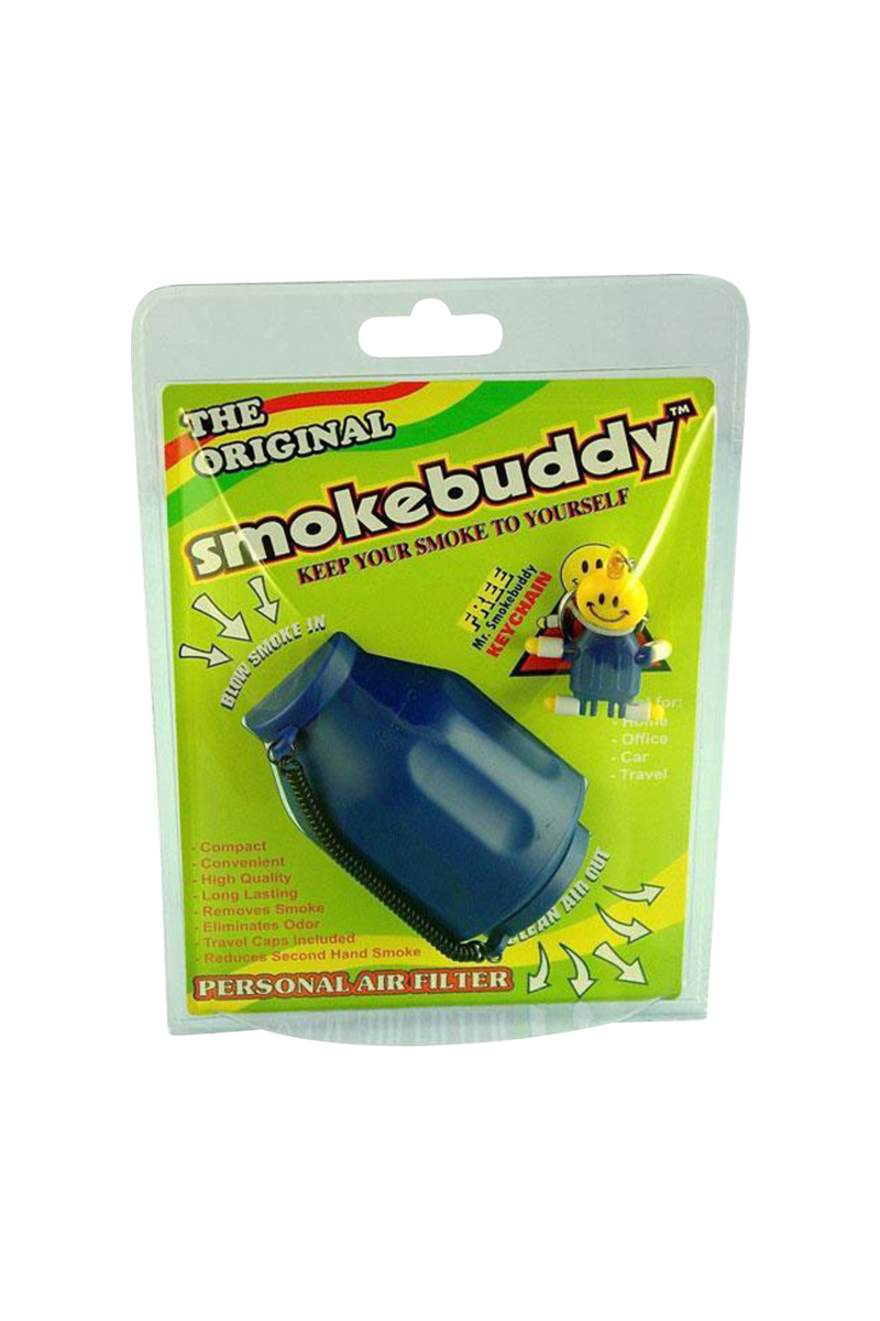 Angled front view of the blue Smokebuddy Original Personal Air Filter in its bright green retail blister pack with bold logo.