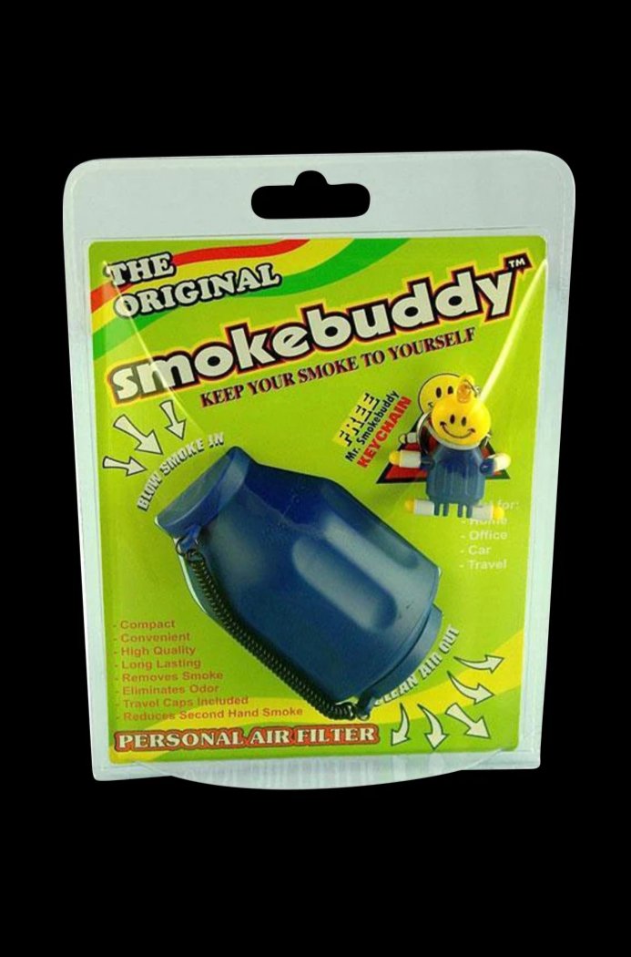 Front-facing photo of the Smokebuddy Original Personal Air Filter in its blister pack, showing a blue tie-dye device on bright yellow-green branded backing.
