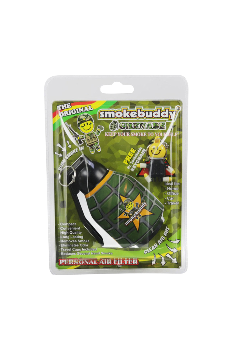 Front-facing pack shot of the Smokebuddy Original Personal Air Filter in green grenade styling against camo backing.