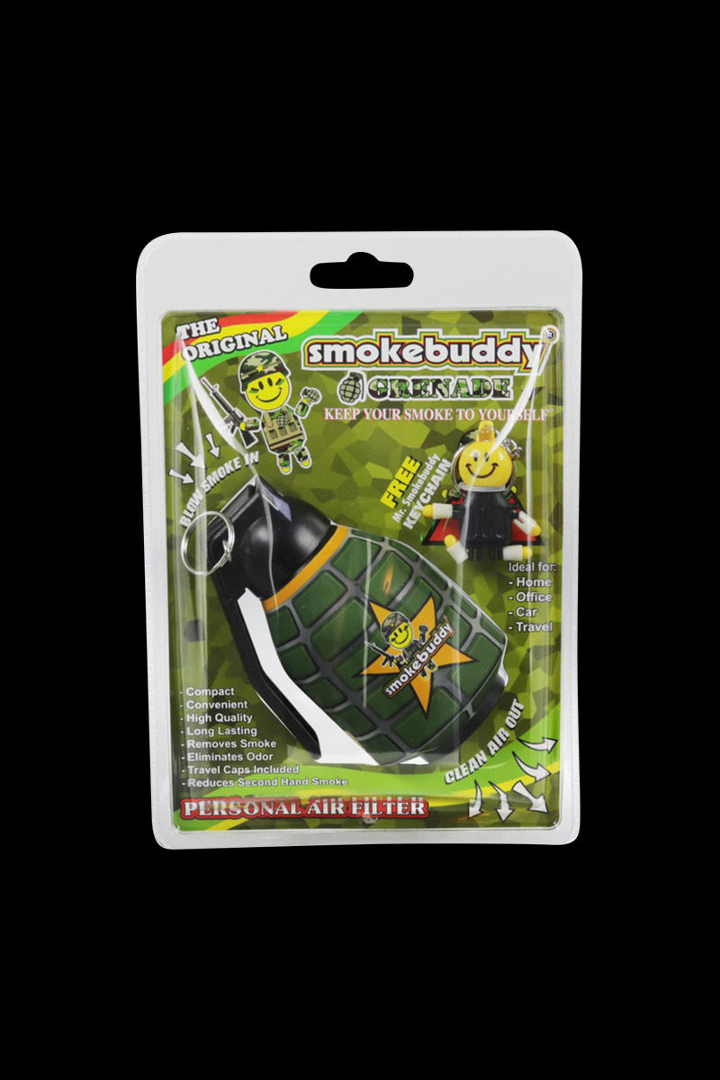 Centered front view of the camouflage Smokebuddy Original Personal Air Filter in its retail blister pack against a black background.