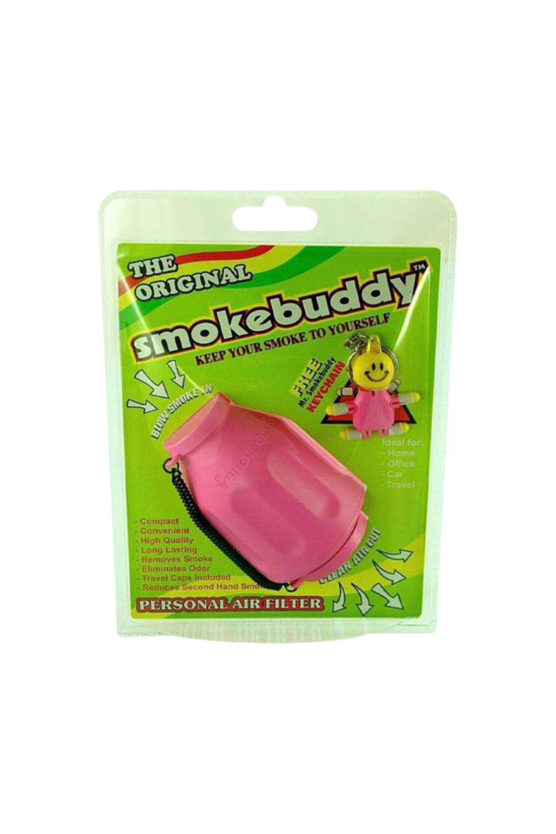 Front view of the pink Smokebuddy Original Personal Air Filter in blister packaging against a bright green branded backing.