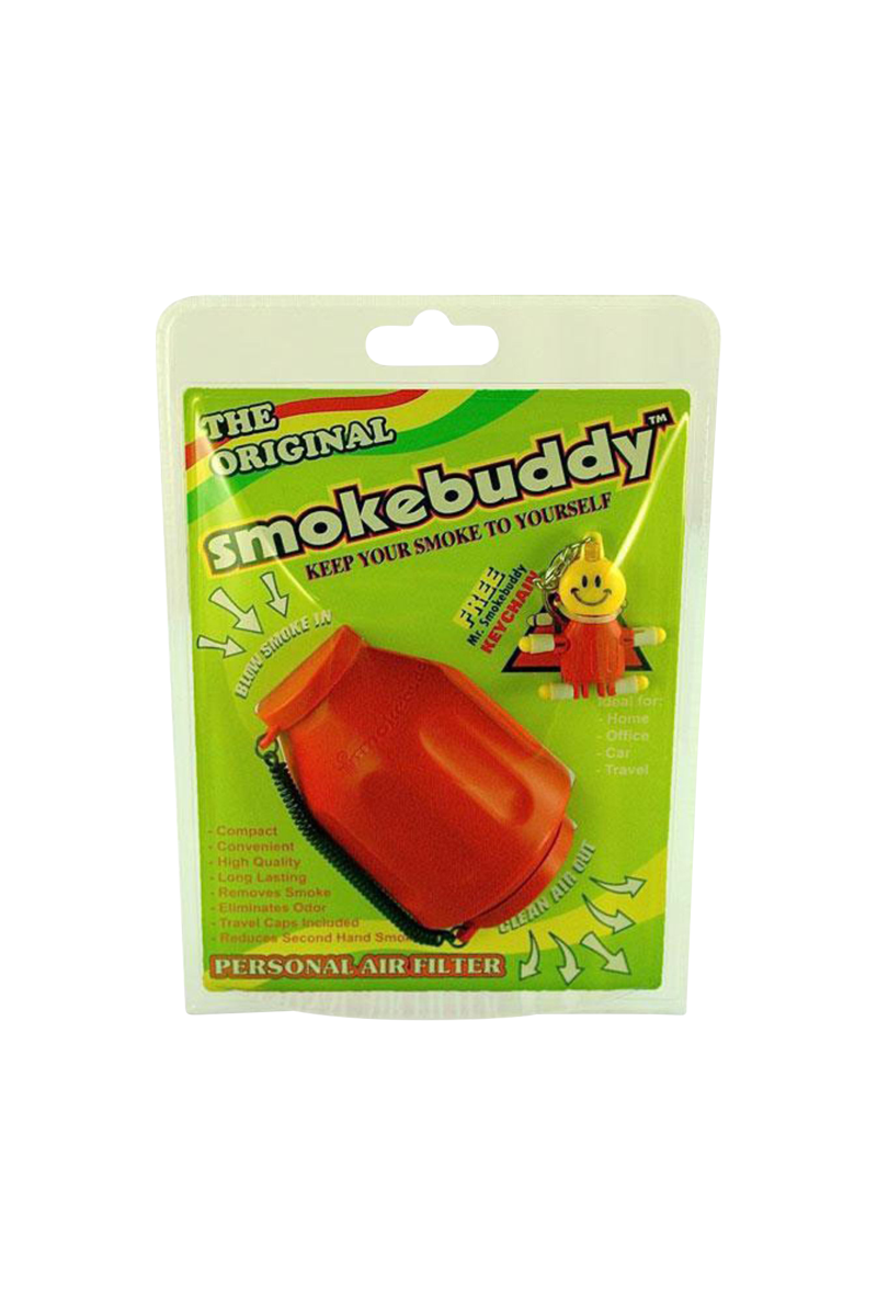 Front-facing pack shot of a red Smokebuddy Original Personal Air Filter resting on bright green branded backing card.