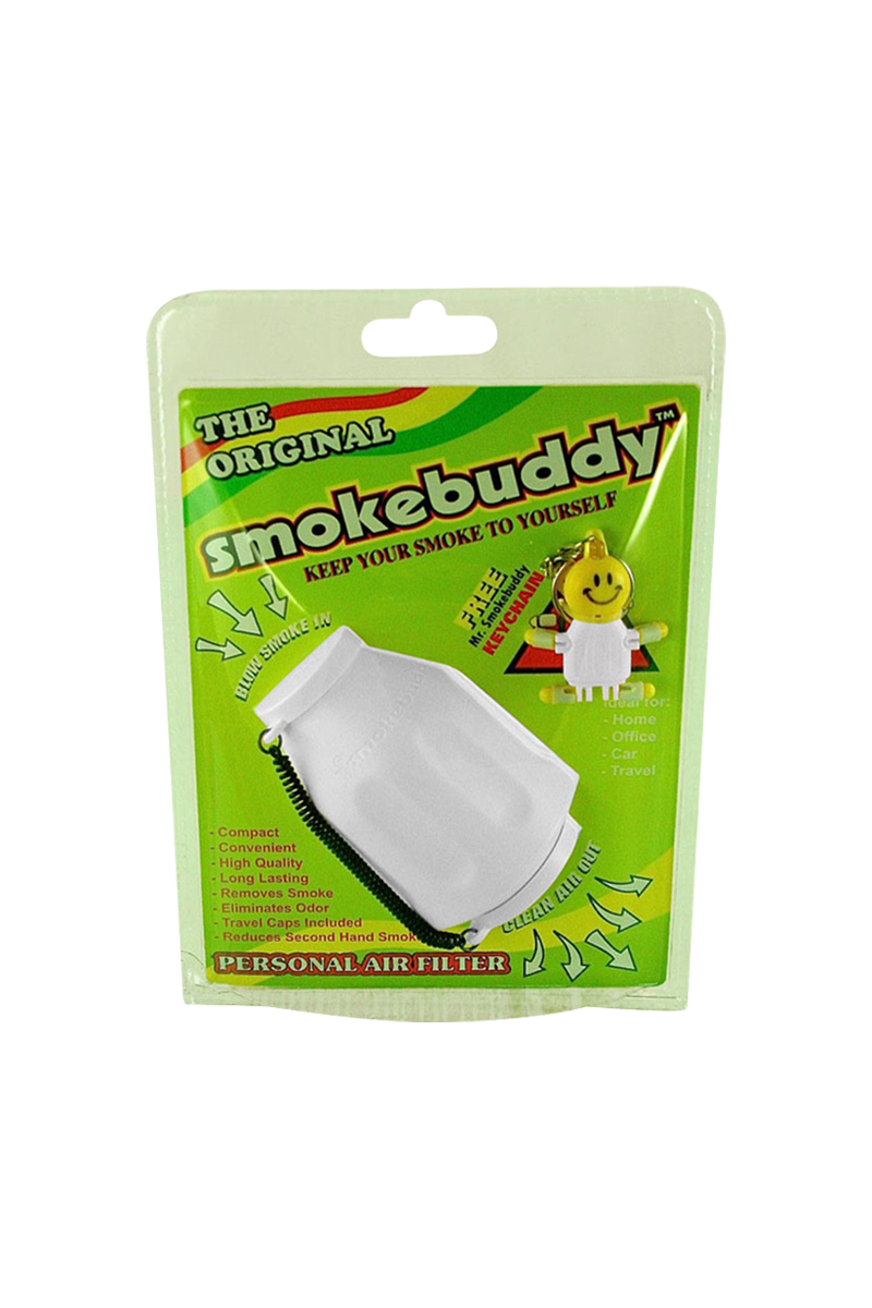 Pack-front view of the Smokebuddy Original Personal Air Filter in its green blister card packaging with a white filter visible.