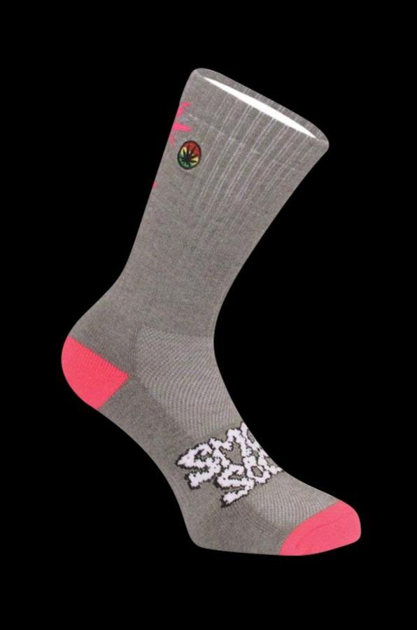 A slightly angled view of the Smokey Brand Socks - Hemp Leaf Ladder, displaying a patterned knit in shades of gray.