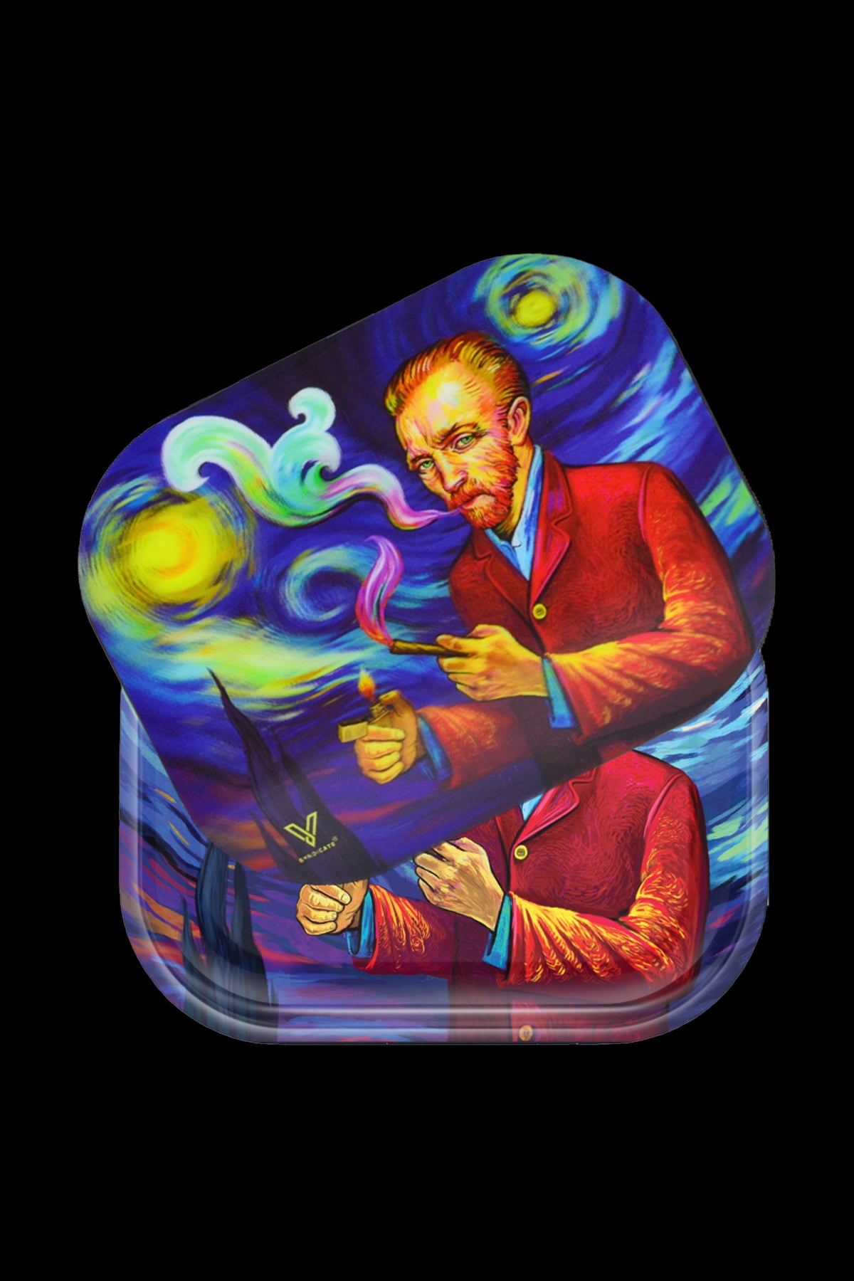 Van Gogh-style rolling tray depicting the artist lighting a joint against a swirling, colorful night sky background.