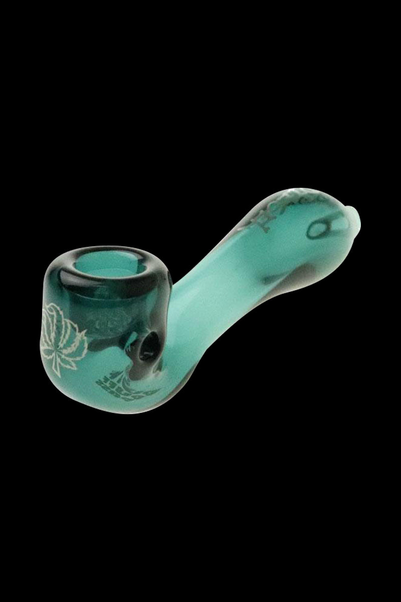 A side view of the “Puff Puff Pass “Sour Diesel” Strain Pipe, showcasing its curved design and transparent glass construction.