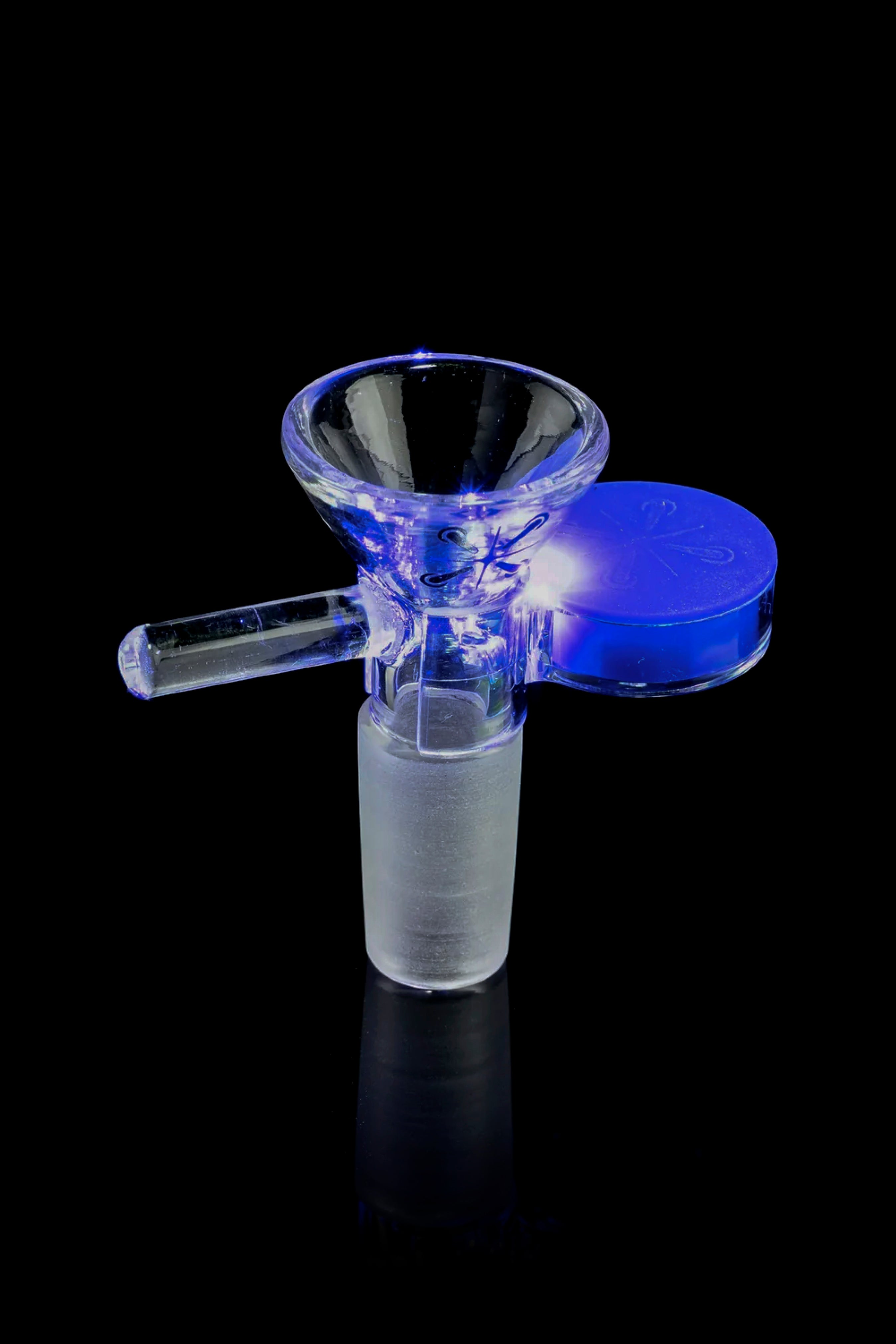 Glass cannabis bowl with blue accents.