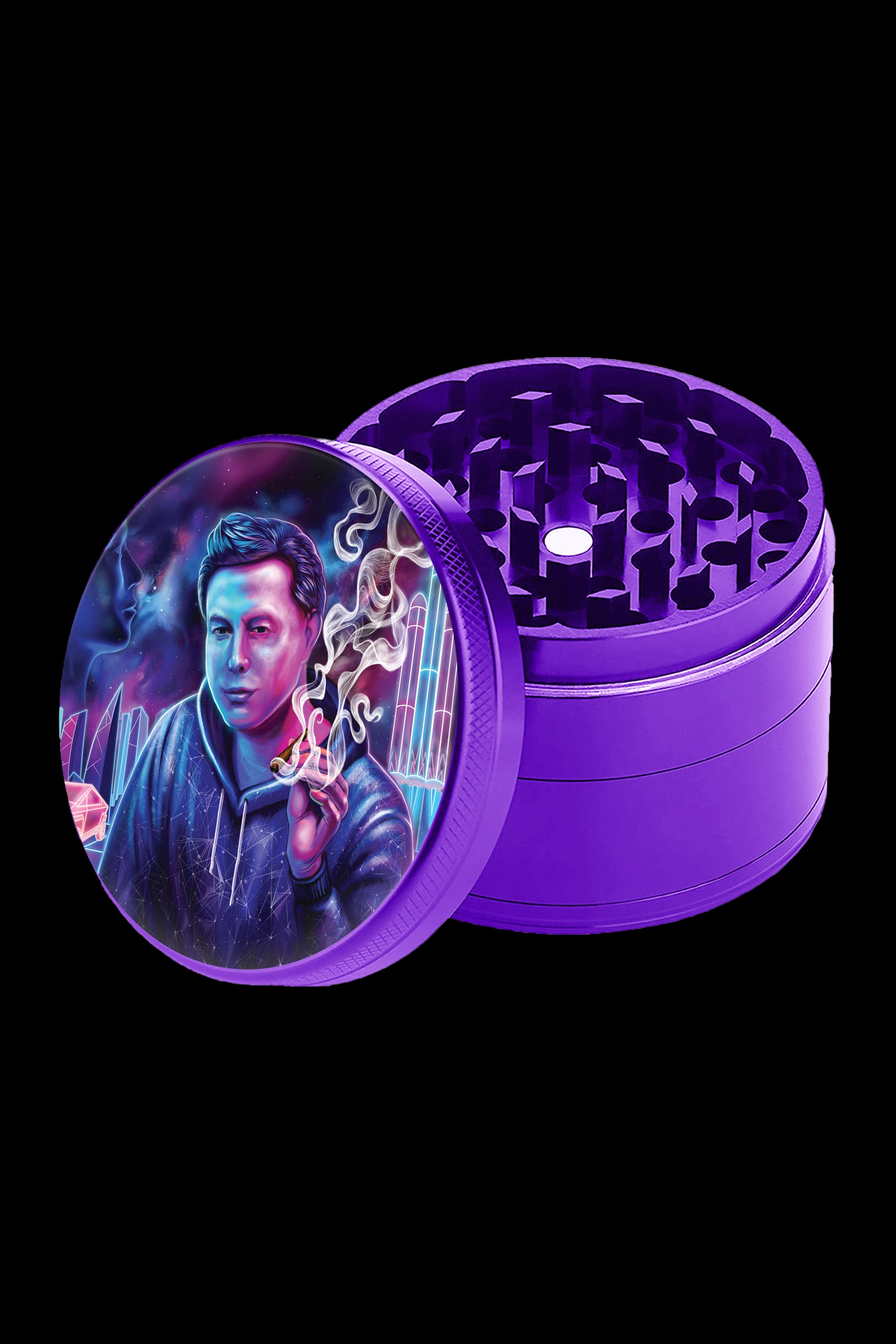Purple four-piece grinder with a lid featuring a neon-lit illustration of a man smoking.