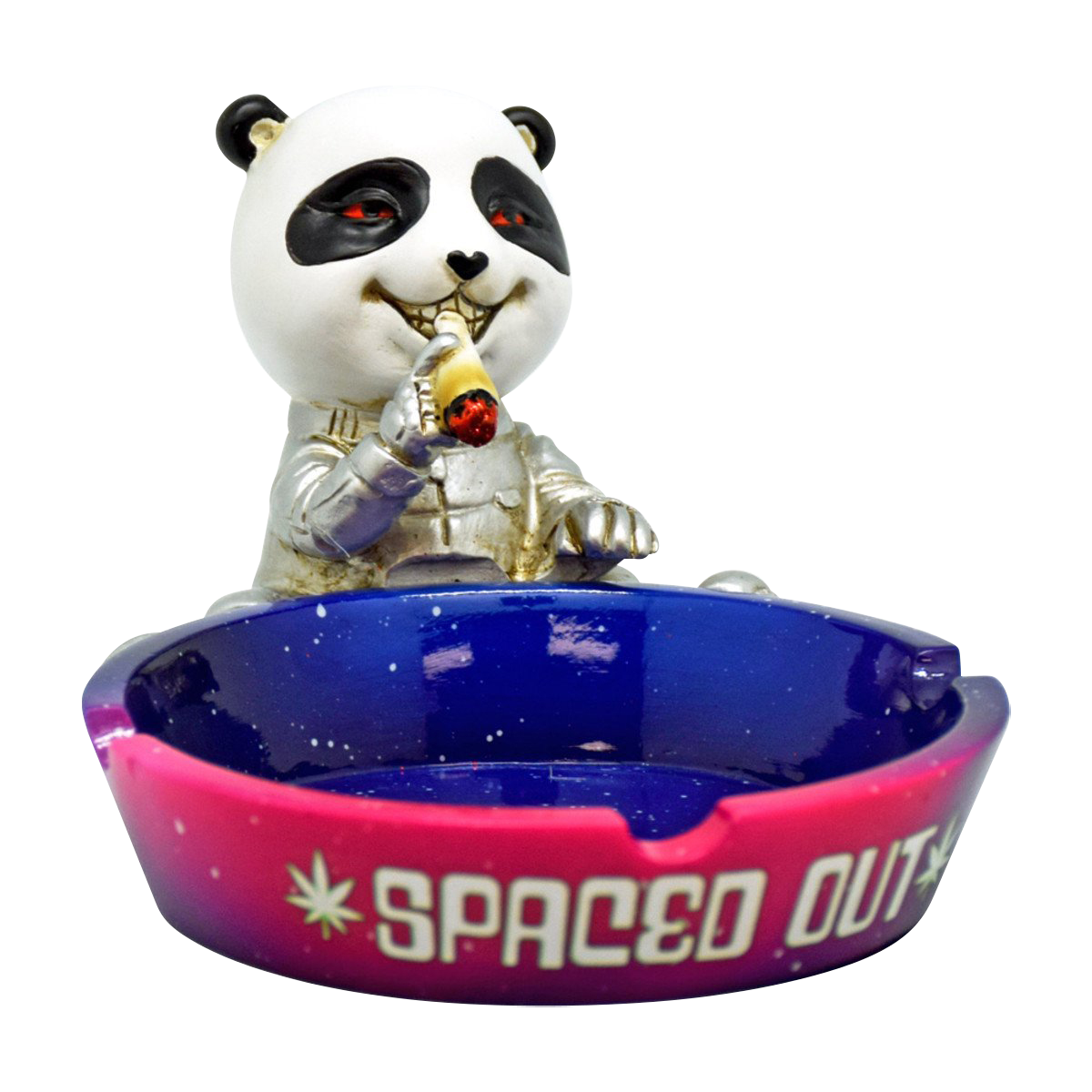 A close-up shows the Spaced Out Panda Ashtray, a white ceramic panda head with a dish-shaped opening for collecting ash.