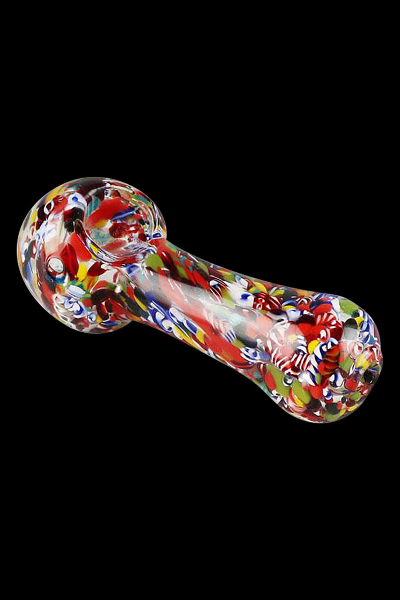 A close-up shot of the Splatter Frit Glass Hand Pipe, featuring colorful frit patterns on clear glass.