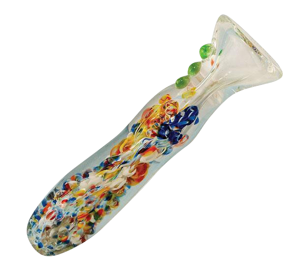A close-up view of the Splatter Frit Glass Chillum Taster Pipe, showing its colorful frit pattern and slender glass body.
