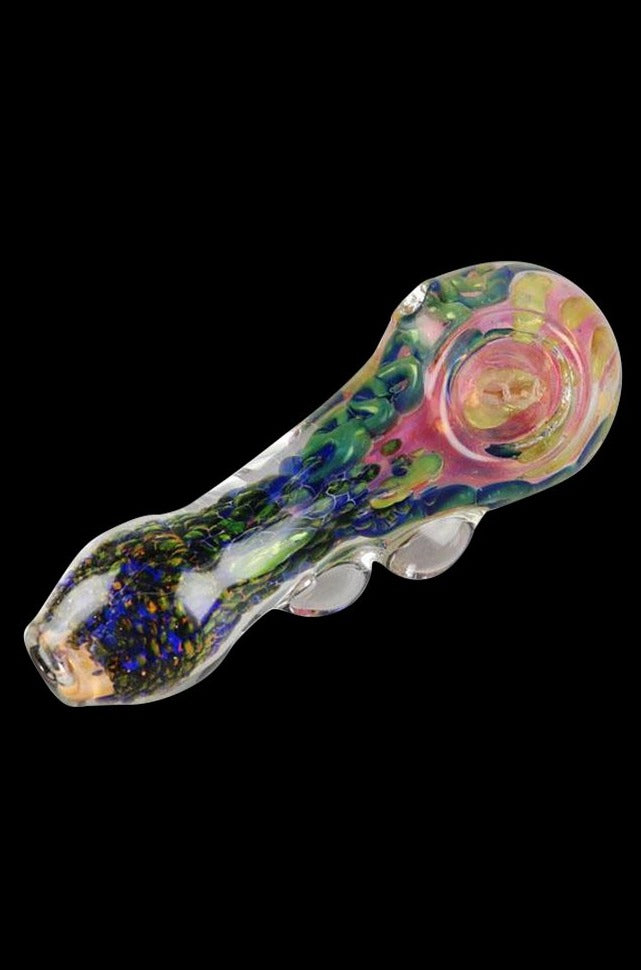A side view of the Spoon Pipe with Color Bubbles and Swirls, showcasing its colorful, swirling glass design.