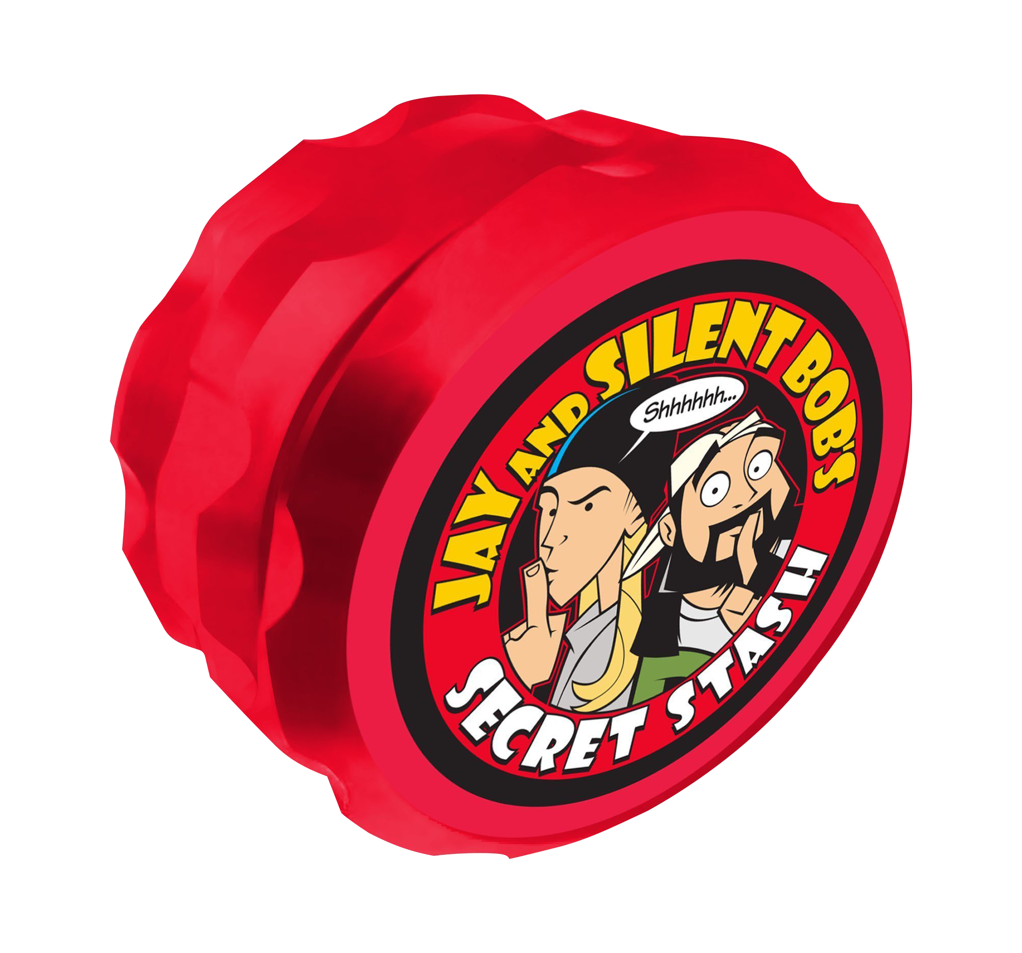 Front view of the Jay and Silent Bob "Secret Stash" Grinder, displaying colorful graphics on a dark background.