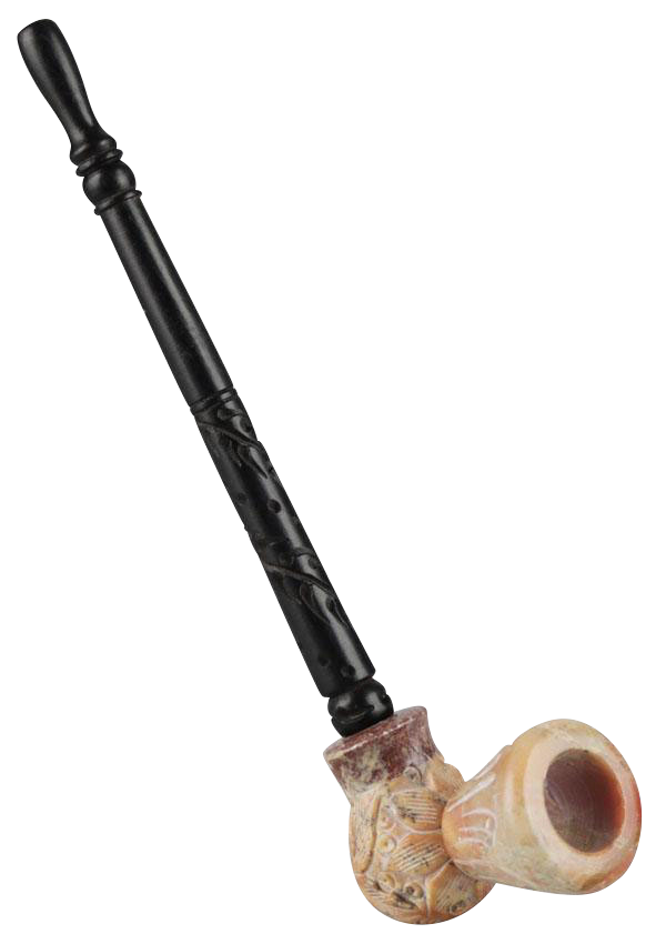 A close-up, angled view of the Stone Carved Pipe with Wood Stem, featuring a detailed stone bowl and dark wood stem.