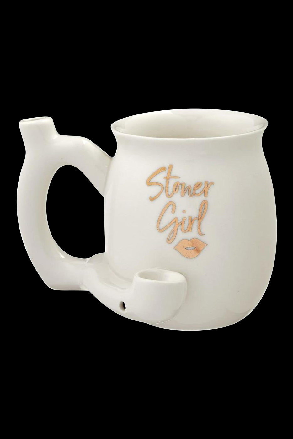 White ceramic mug with a handle and bowl-shaped design, featuring orange text reading "Stoner Girl" with a lip graphic.
