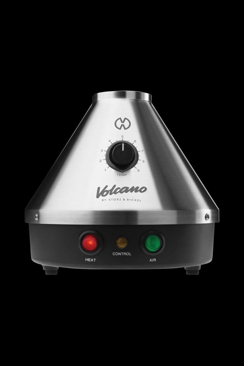 Front view of the Storz & Bickel Volcano Classic Vaporizer in silver, displaying a dial with numbered settings.