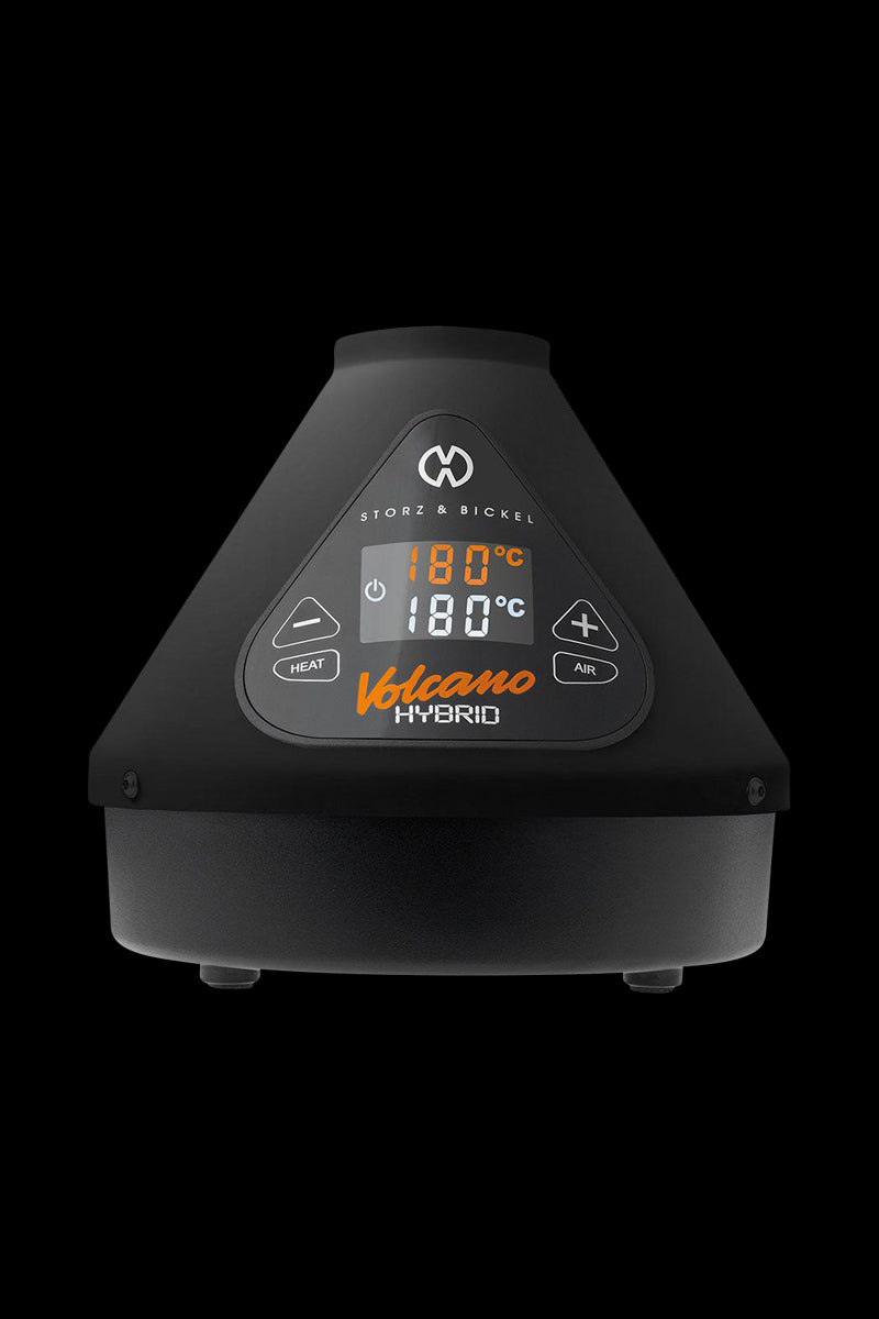 Front view of the Storz & Bickel Volcano Hybrid Vaporizer in onyx black, displaying a digital temperature reading of 180°C.