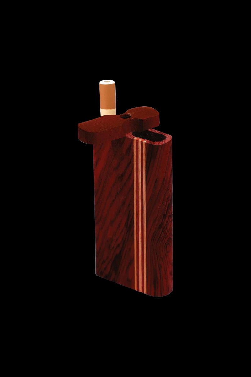 Angled view of the Striped Dark Wood Dugout showing its red-brown striped grain, contrasting vertical inlay, and open top against a black background.