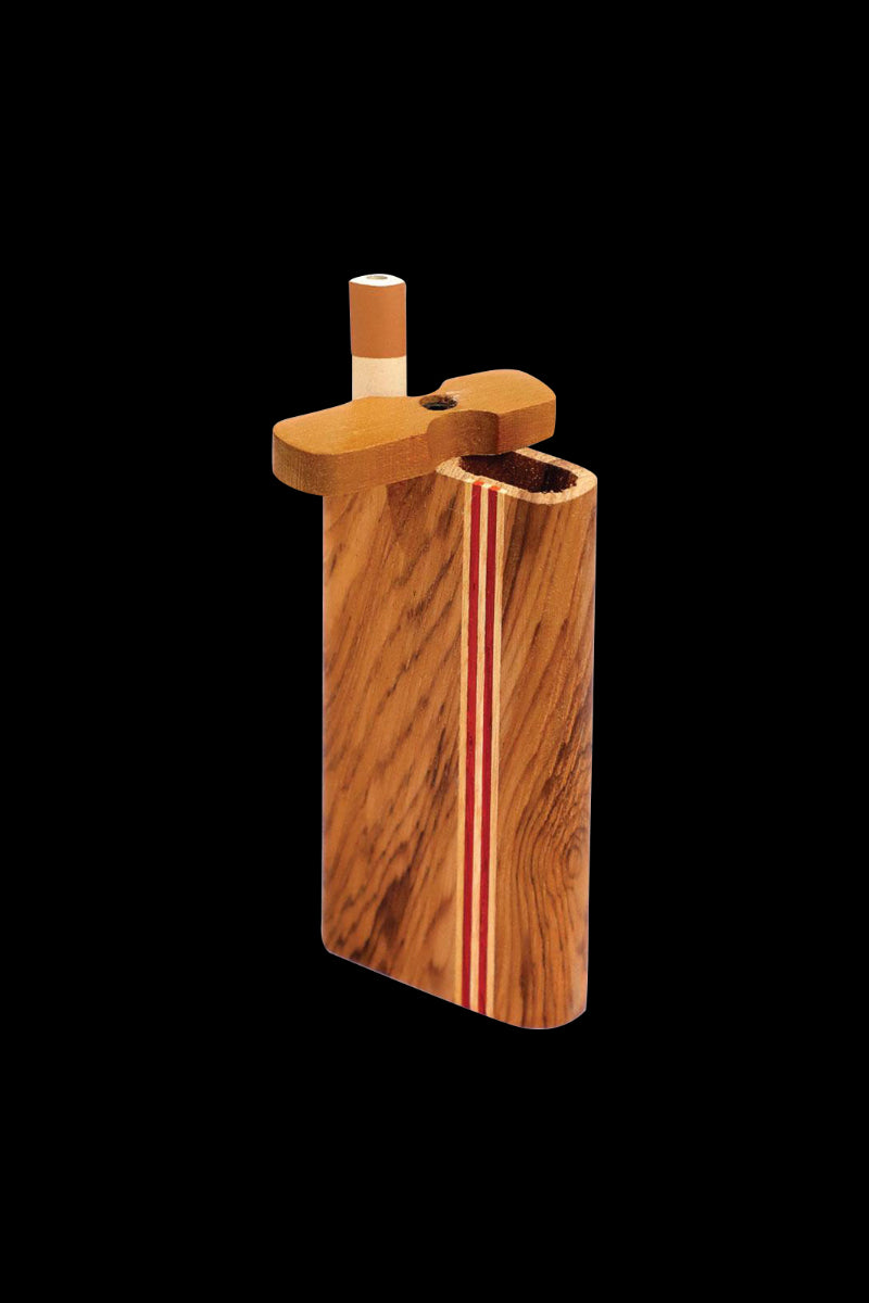 Angled front view of the Striped Light Wood Dugout showing its grain, thin red-and-white stripe inlay, and hinged top against a black background
