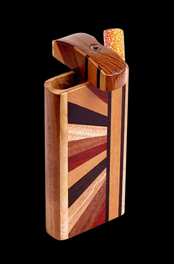 Three-quarter view of the Wood Dugout with Horizon Woodworked Design showing its hinged top open to reveal a patterned wood inlay and a partially visible orange speckled cylinder.
