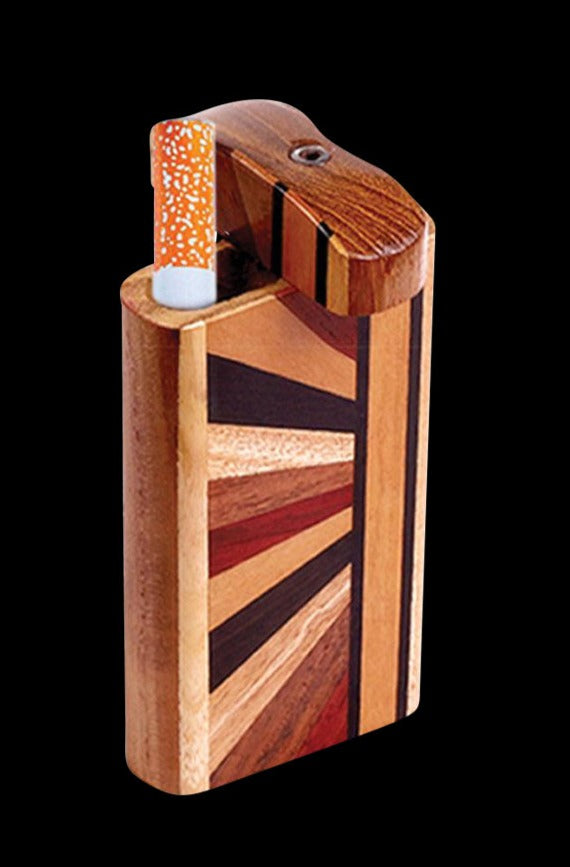 Close-up three-quarter view of the Wood Dugout with Horizon Woodworked Design showing inlaid sunburst veneers and an open top with a cigarette.