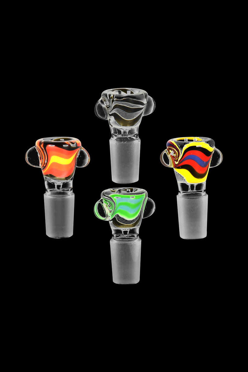 Front view of the Sunrise Swirl Glass Bowl, showing a colorful, swirling pattern in clear glass.