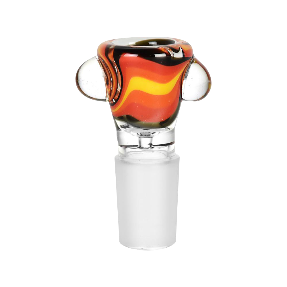 A close-up, angled view of the Sunrise Swirl Glass Bowl, showing its colorful swirl pattern and clear glass construction.