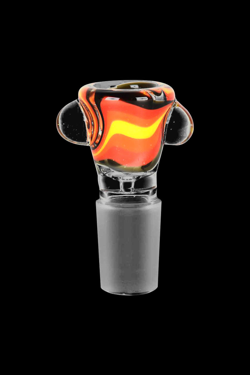 Front view of the Sunrise Swirl Glass Bowl, showing a colorful, swirled glass bowl against a dark background.