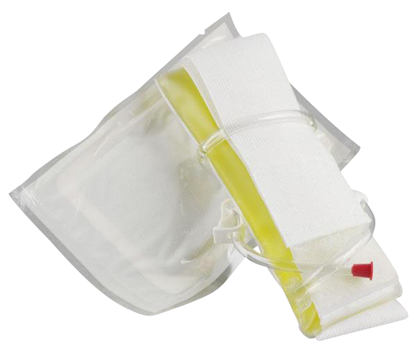 A slightly angled overhead shot of the Synthetix5 Fetish Urine Belt Kit, showing its clear plastic construction and contained liquid.