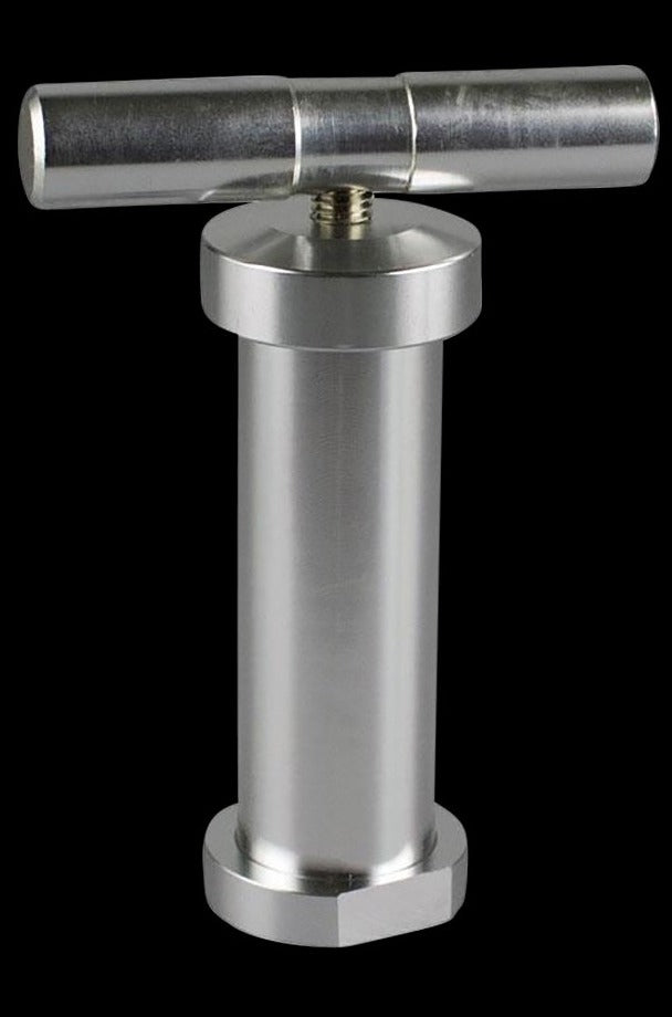 A straight-on view of the T-Style Aluminum Pollen Press, featuring a metallic cylindrical form with a handle extending from the top.