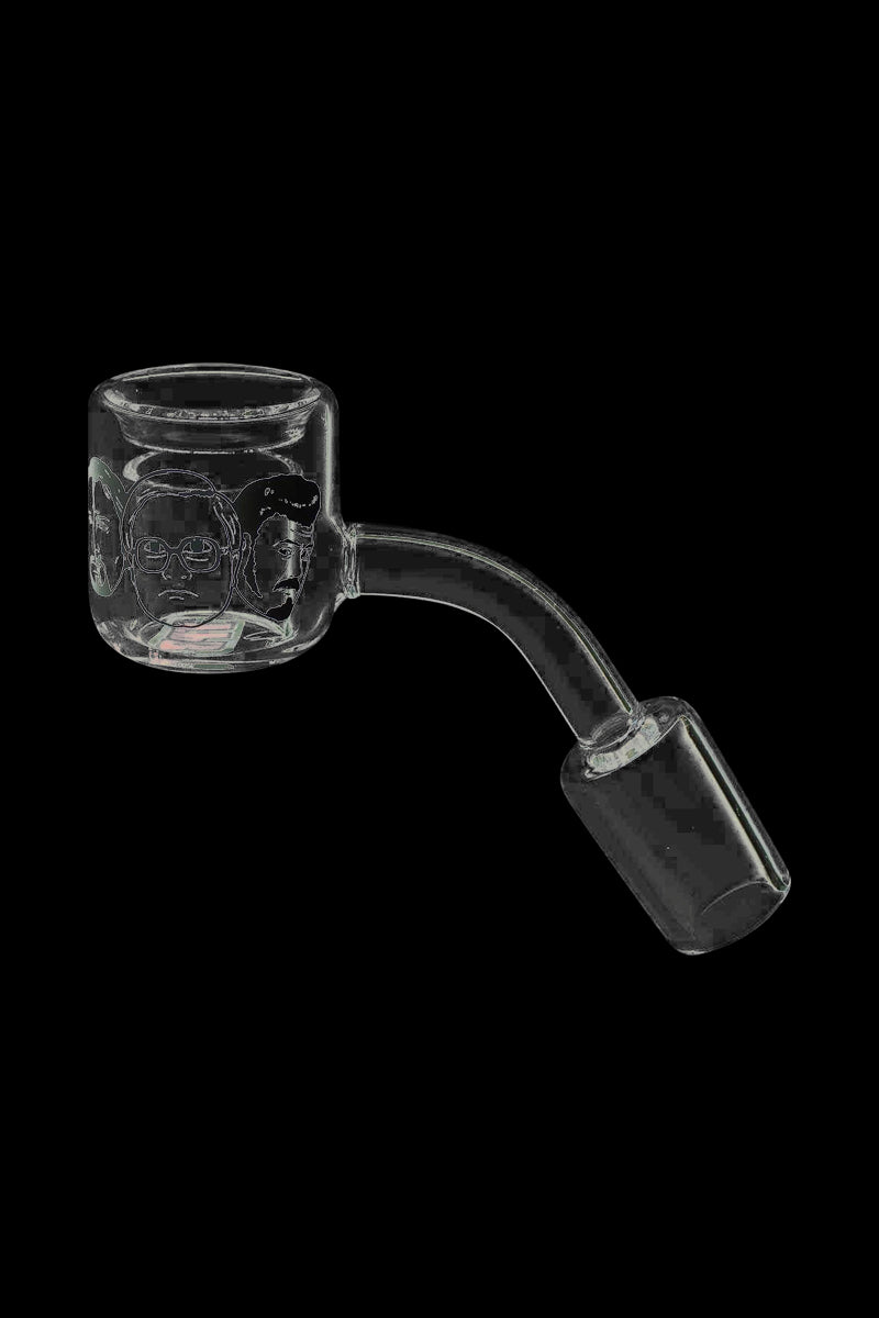 A close-up angled view of the Trailer Park Boys Quartz Banger, displaying its clear glass construction and joint connection.