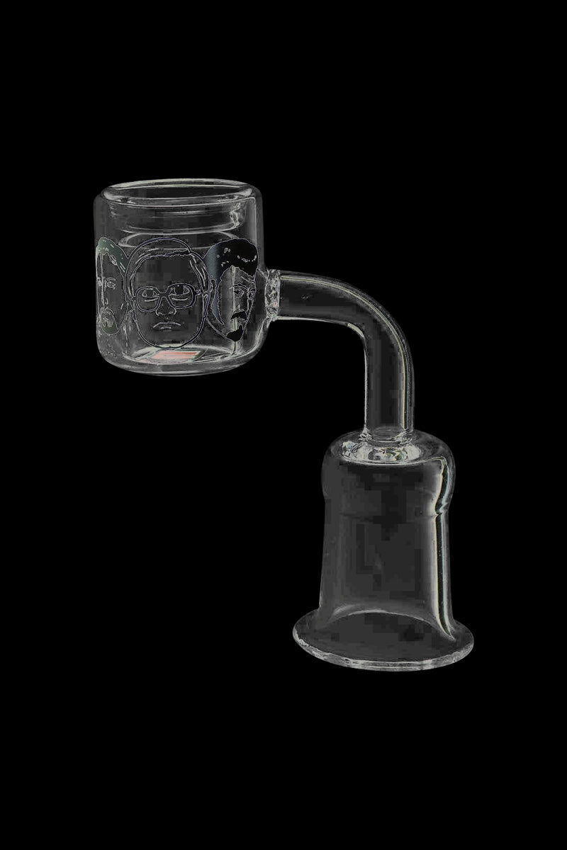 A slightly angled, close-up view of the Trailer Park Boys Quartz Banger, featuring a clear glass design and a rounded shape.