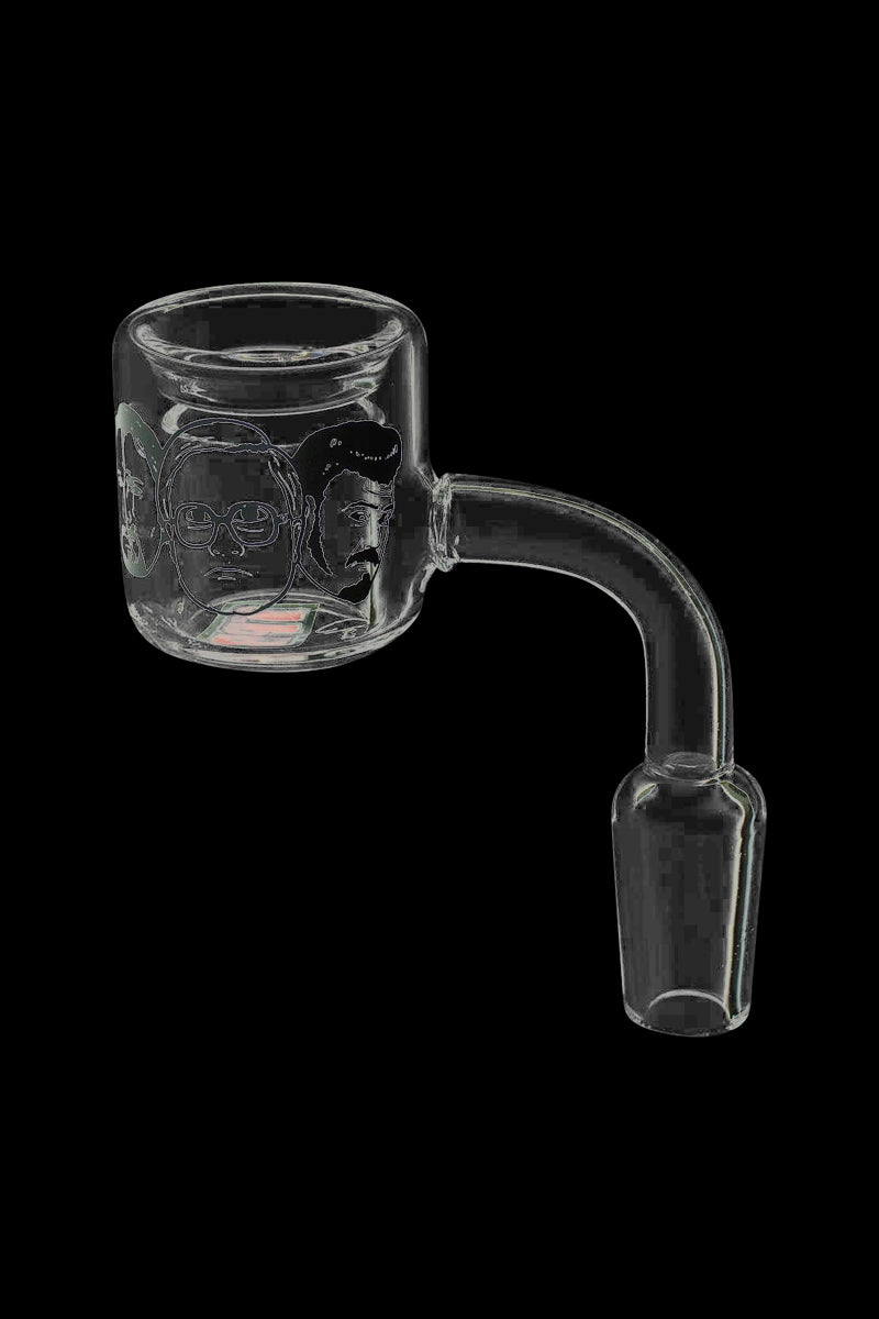 A close-up, angled view of the Trailer Park Boys Quartz Banger, showing its clear glass construction and rounded shape.