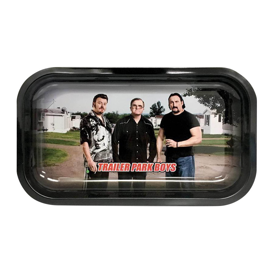 A top-down view of the Trailer Park Boys Classic Rolling Tray displaying a comical scene with characters from the show.