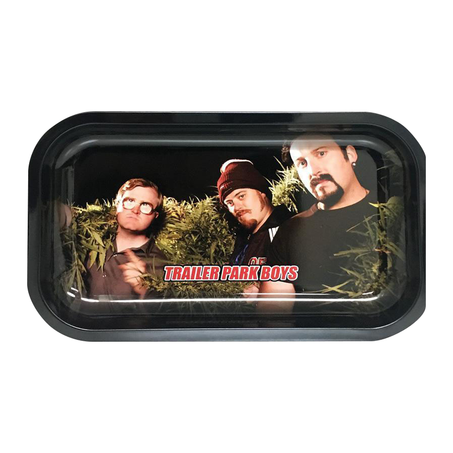 A top-down view of the “Trailer Park Boys “Clippings” Rolling Tray” featuring character portraits within a rectangular frame.