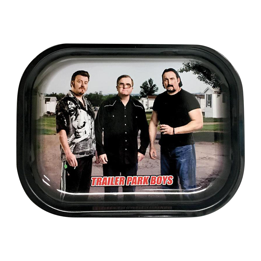 A close-up of the Trailer Park Boys Classic Rolling Tray featuring a photograph of the show's characters.