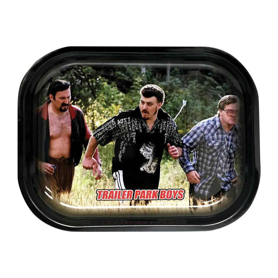 A slightly angled view of the “Trailer Park Boys “Hustle” Rolling Tray” showcases a character in a patterned shirt against a blurred background.