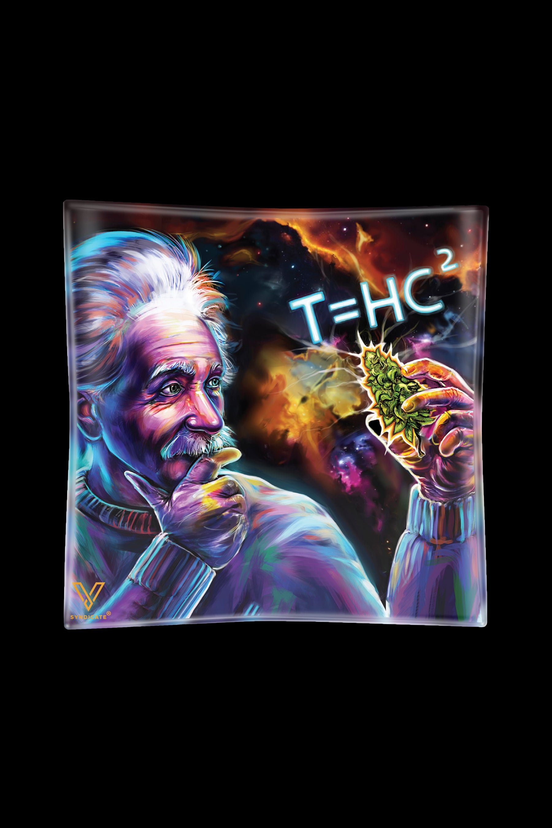 A glass ashtray featuring a vibrant, painted portrait of Albert Einstein holding a cannabis bud with the equation "T=HC²" superimposed on a cosmic background.