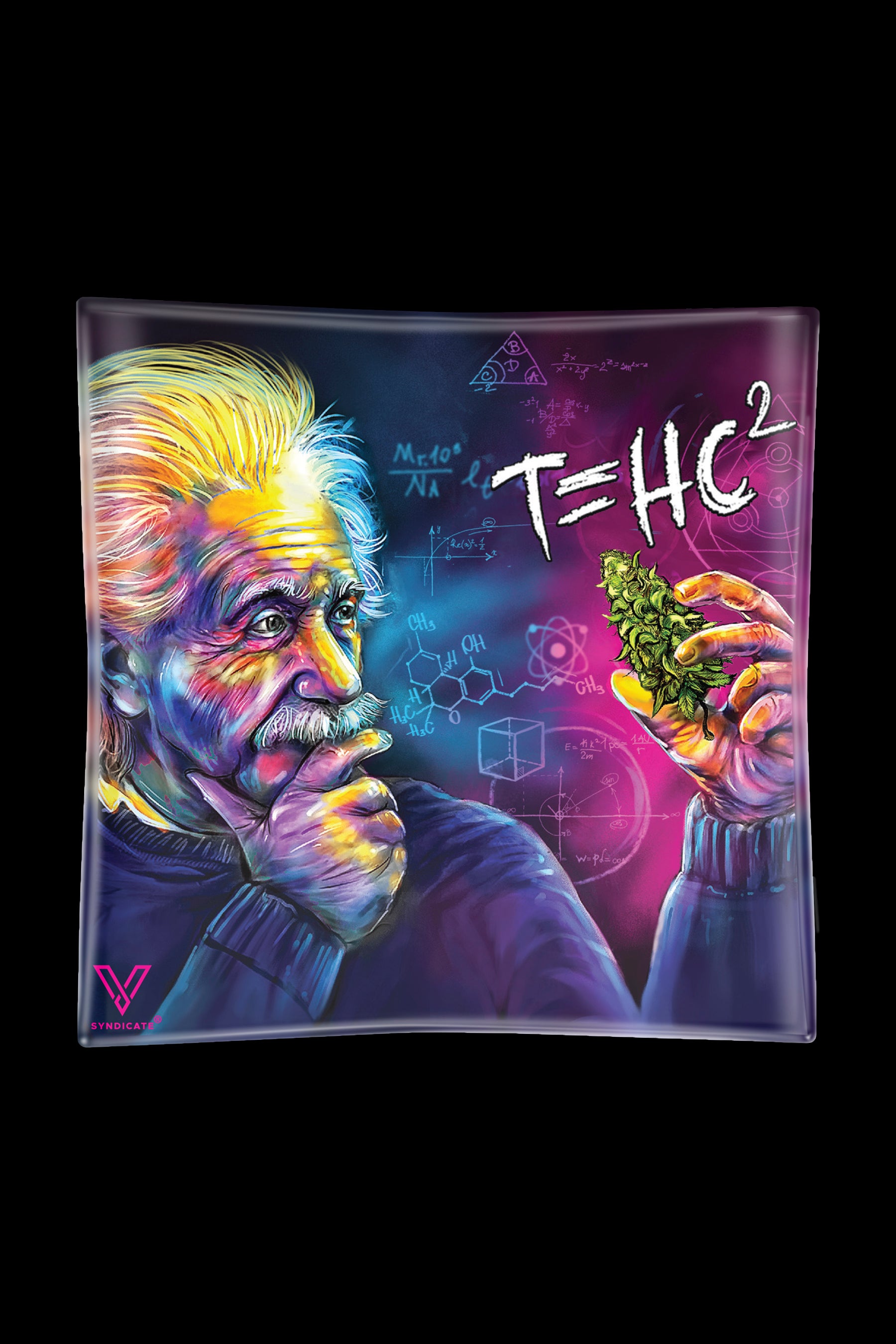 A vibrant, artistic rendering of Albert Einstein holding a cannabis bud, overlaid with scientific formulas and equations, displayed on a dark background.