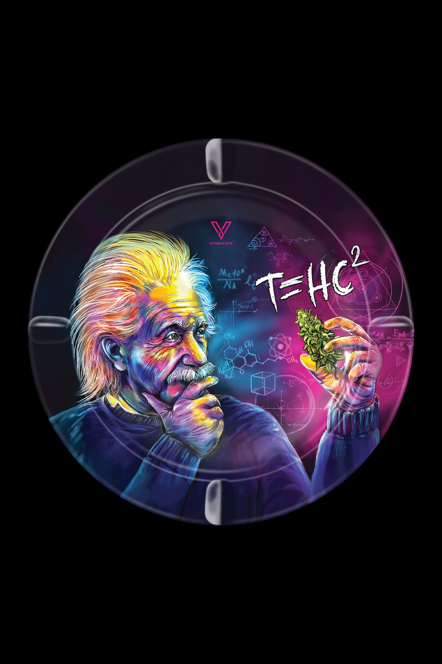 Digital painting of Albert Einstein holding a cannabis bud, surrounded by scientific equations and molecular structures on a dark purple background.