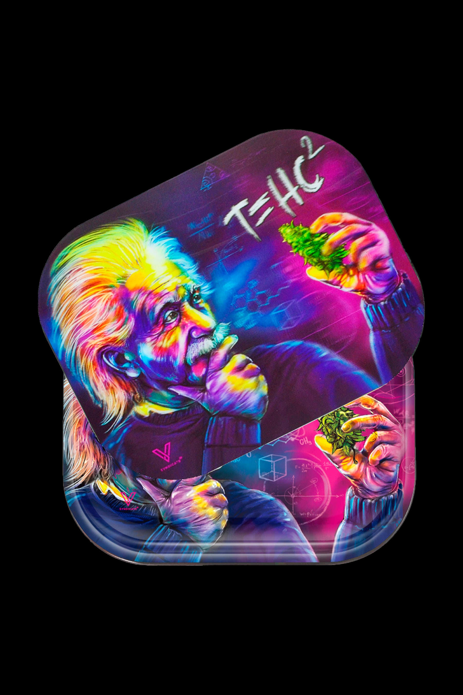 Vibrant, digitally-painted rolling tray featuring Albert Einstein with cannabis buds and the equation “E=HC²” playfully altered to “T=HC²”.