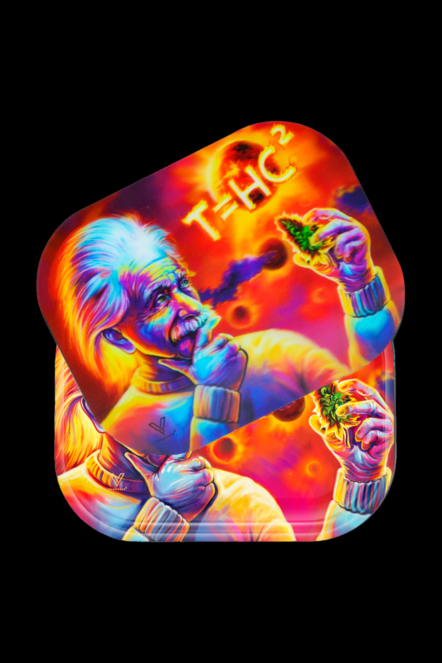 A vibrant rolling tray depicting a psychedelic portrait of Albert Einstein smoking and holding cannabis buds, with the equation “T=HC²” above him.