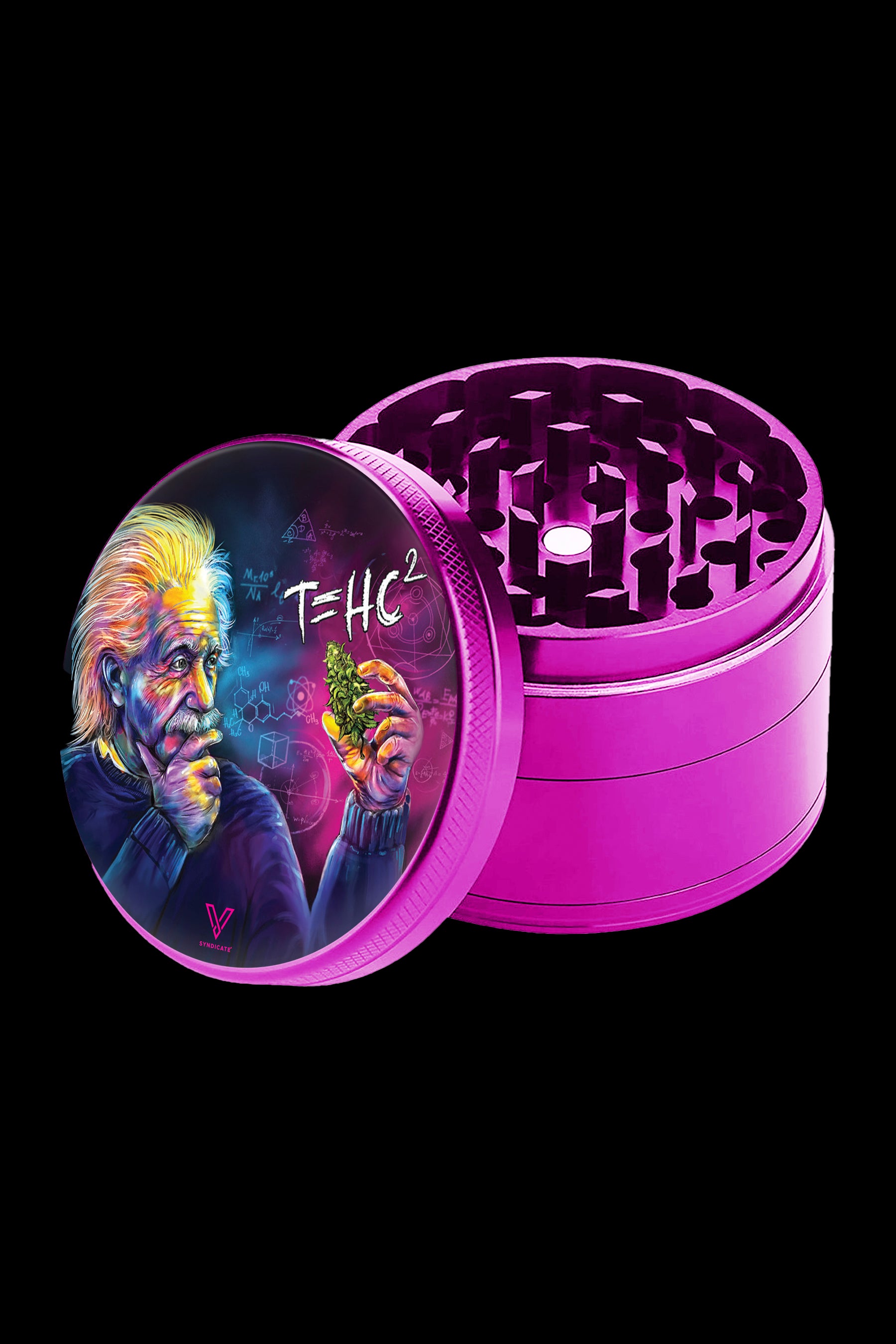 Purple metal grinder with a portrait of Albert Einstein surrounded by scientific formulas and a cannabis bud on the front.