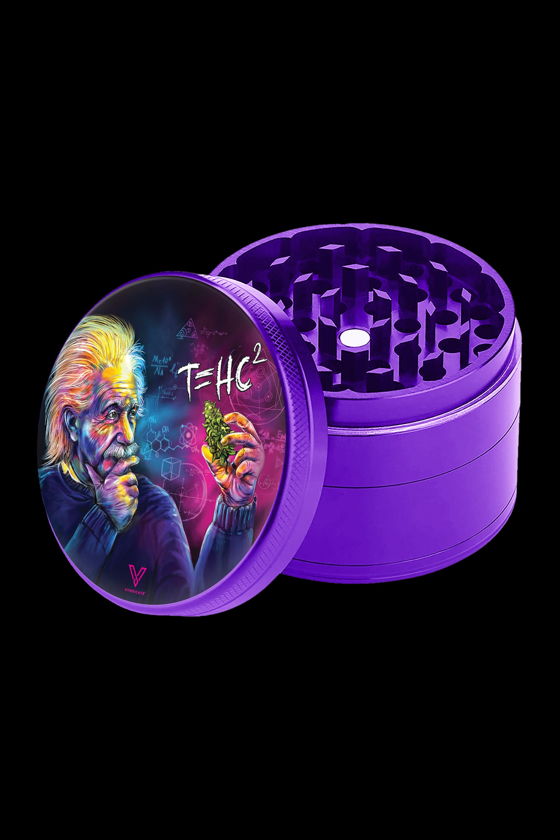 Purple cannabis grinder with a portrait of Albert Einstein and cannabis-themed equations.