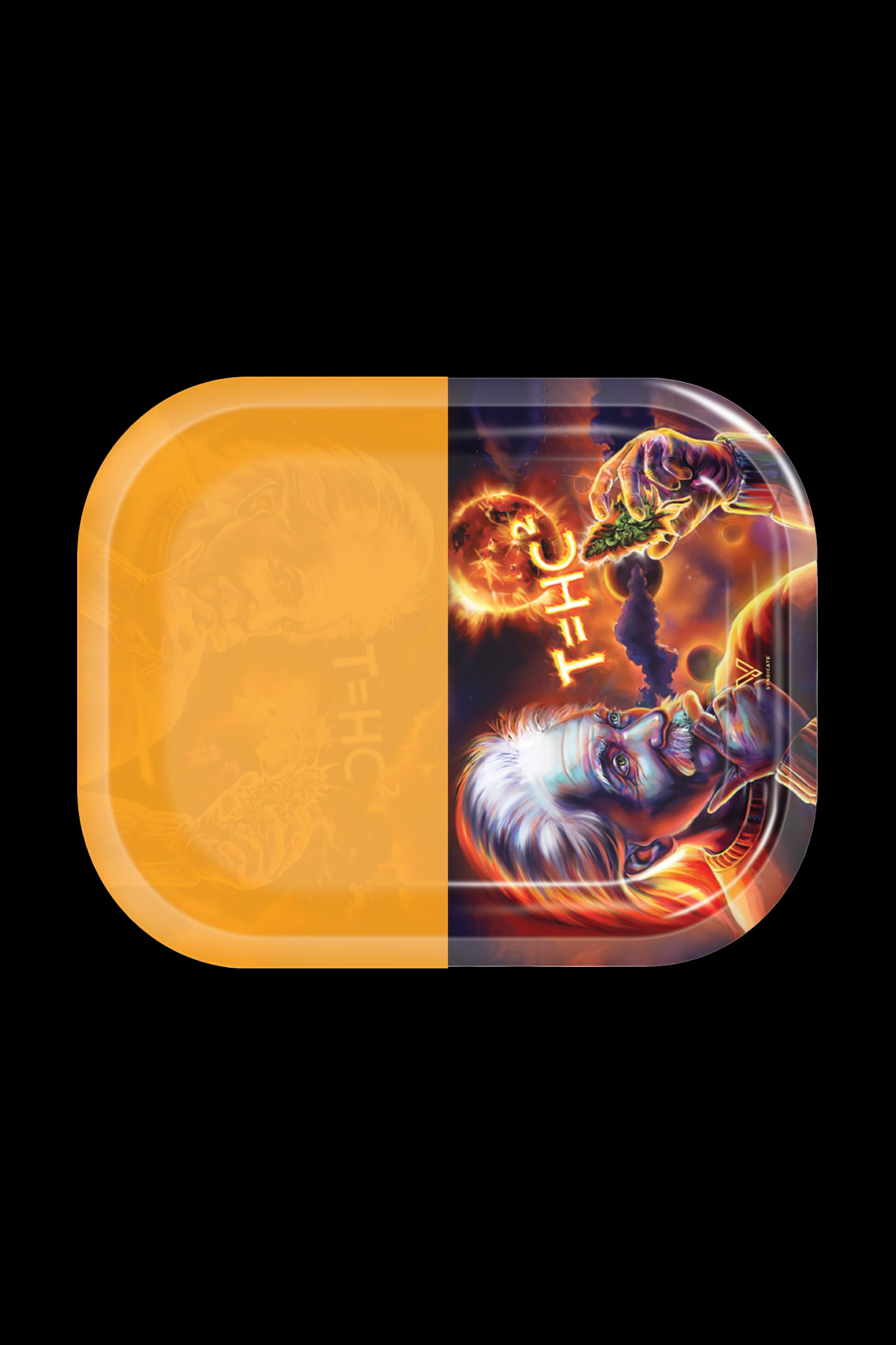 A rectangular rolling tray split into two designs: one side a solid orange, the other featuring a vibrant, psychedelic portrait with cannabis imagery.