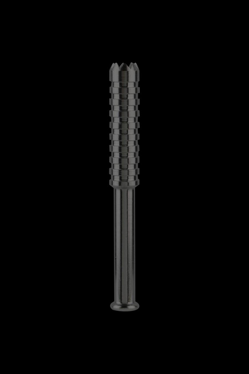 Centered front view of the Metal One-Hitter Chillum Pipe - The Digger showing its ridged blue metal shaft and crown-like notched tip against a black background