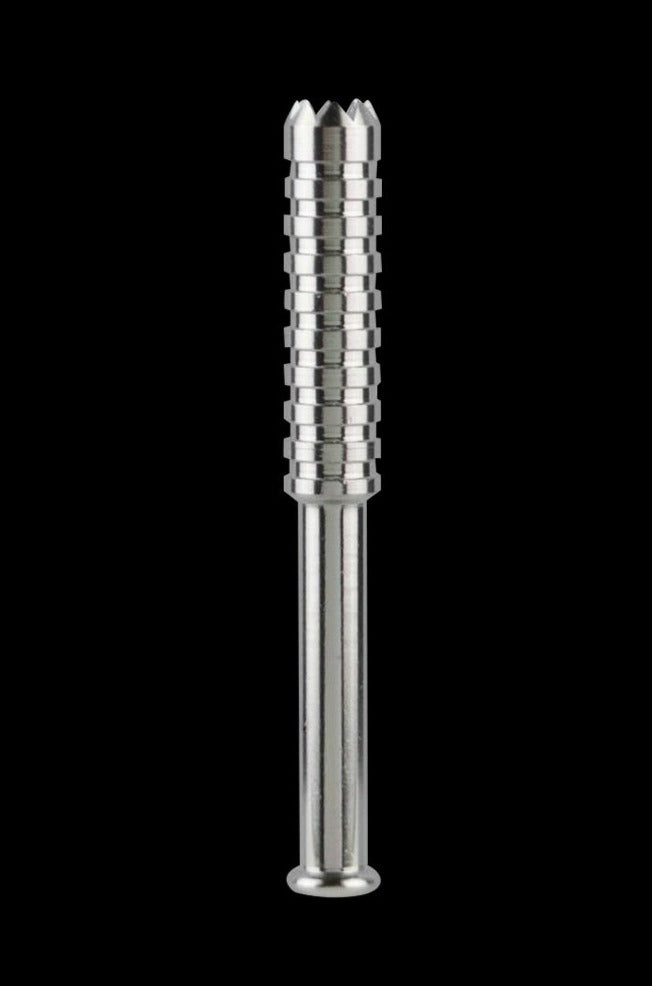 Centered vertical studio shot of the Metal One-Hitter Chillum Pipe - The Digger in brushed silver against a black background, showing its ridged grip and crown-like tip.