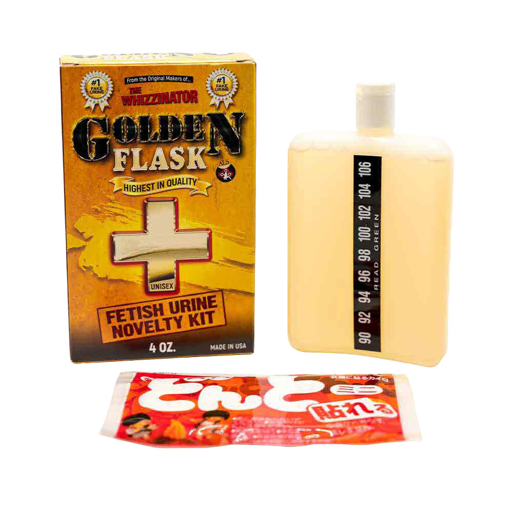 Front view of The Whizzinator Golden Flask Fetish Urine, a yellow container with text and branding details visible on a plain background.